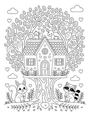 Naklejka premium This whimsical black and white coloring page features a charming treehouse nestled amongst the branches of a large tree