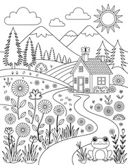 Fototapeta premium A whimsical and charming black and white coloring page featuring a picturesque mountain village scene