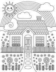 This black and white coloring page features a charming little house with a rainbow and puffy clouds above, nestled in a flower-filled garden