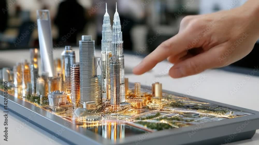 Poster urban vision: a close-up view captures a hand interacting with a meticulously crafted scale model of