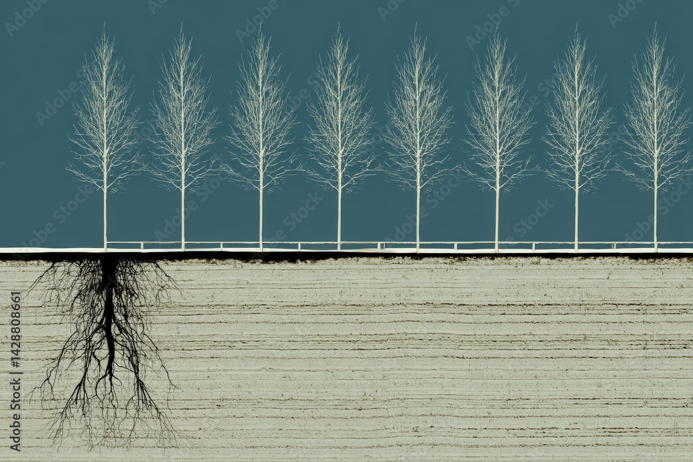 Poster a minimalist illustration showcasing bare trees above ground and intricate roots below, emphasizing 