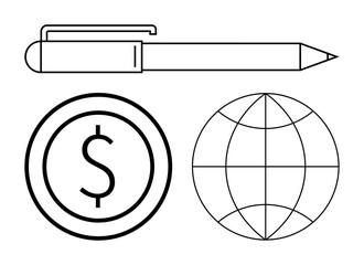 Outline of a pen, coin with dollar sign, and grid-patterned globe. Ideal for business, finance, writing, economy, education, globalization and simple landing page