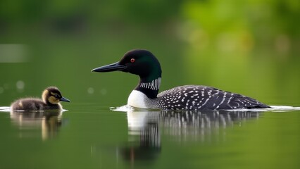 Common Loon With Chick Swimming Together