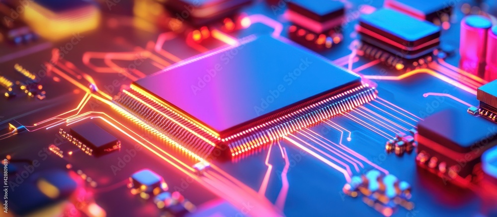 Poster depicting a futuristic and vibrant motherboard circuit board showcasing intricate design elements an