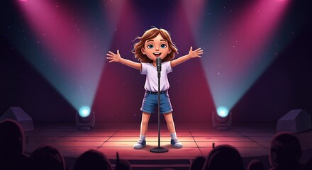 Child Performing Joyfully on Stage with Microphone Under Vibrant Stage Lights and Audience