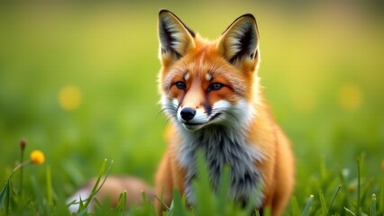 Obraz premium Red Fox Portrait In Green Meadow