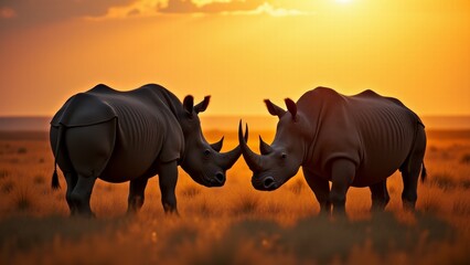 Obraz premium Two Rhinos Face Each Other Sunset