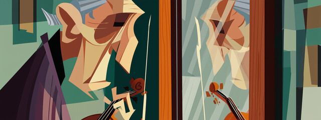 Old, grumpy musician scowls at his reflection in the mirror while holding a violin, embodying a mix of frustration and artistry.