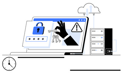 Laptop displaying password lock, warning sign, and hand reaching for keys. Tower servers, clock, and cloud storage in view. Ideal for cybersecurity, data risk, internet safety hacking prevention