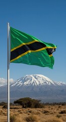Tanzania Flag Mount Kilimanjaro Peak Landscape Background