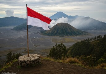 Fototapeta premium Indonesia Flag Mount Bromo Volcano Landscape Background