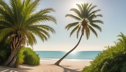 Picturesque beach scene featuring a bent palm tree, with the ocean and blue sky visible.