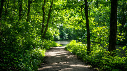 Sunlit Forest Path Through Lush Green Trees