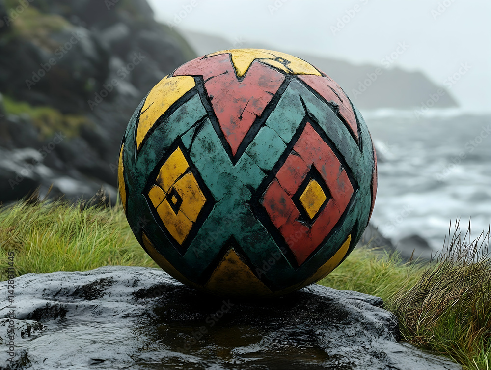 Poster a sphere with geometric shapes in red yellow and teal sits on a rock by the ocean creating a mystic 