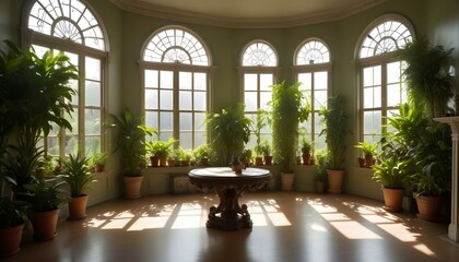 A sunlit sunroom filled with lush potted plants, creating a tranquil and inviting interior scene.