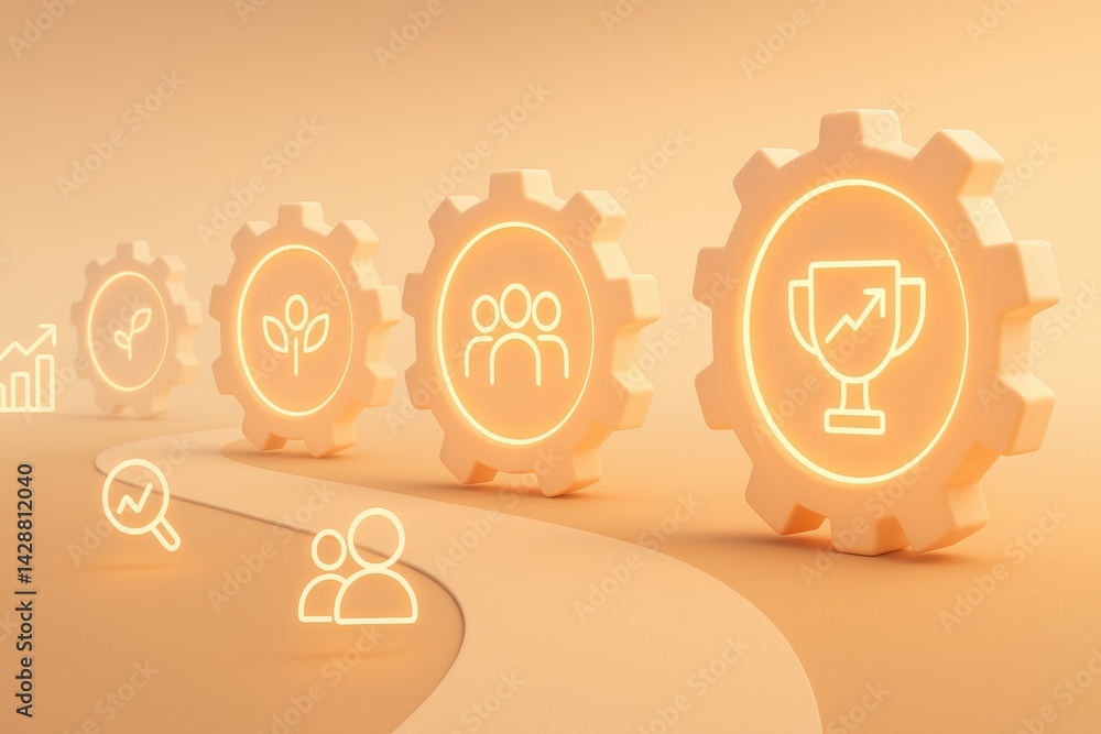 Poster path to success: a series of gears, each symbolizing a step toward accomplishment, guides the viewer