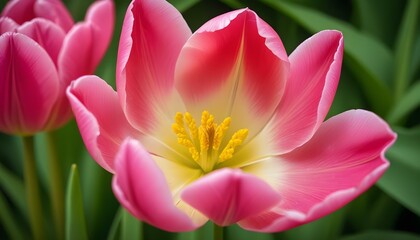 Fototapeta premium A stunning view of a pink tulip, captured with great detail in its full bloom.