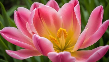 Fototapeta premium An exquisite pink tulip, blooming vibrantly, displaying its delicate petals in full bloom.