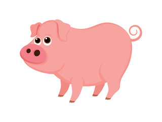 Cute pink pig in cartoon style vector illustration. Funny pig cartoon character. Happy standing pig icon vector isolated on a white background. Farm animal drawing