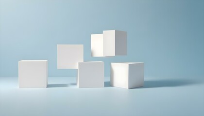 Five white geometric cubes float against a soft blue backdrop, creating a simple yet captivating scene.