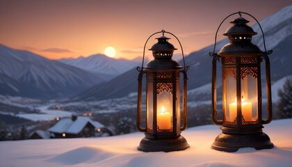 Two candlelit lanterns illuminate a snowy landscape under a stunning winter sunset backdrop.