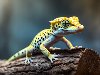 Fototapeta premium Portrait of cute small Leopard Gecko or Eublepharis macularius standing on the big log.
