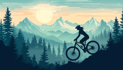 Obraz premium Silhouette of woman mountain biking at sunset, majestic mountains backdrop.