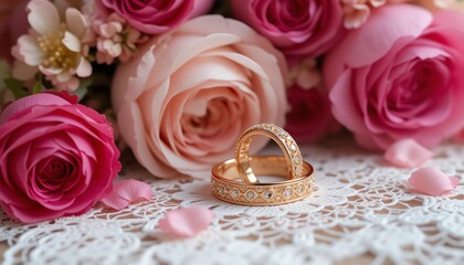 Diamond Wedding Bands Nestled Among Romantic Roses