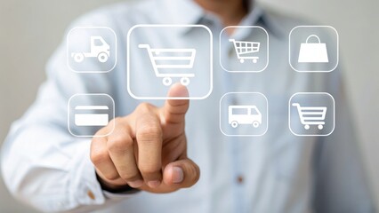 A person interacts with digital shopping icons, highlighting e-commerce features like carts, delivery trucks, and payment options.