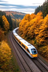 High-speed train curves through vibrant autumn forest