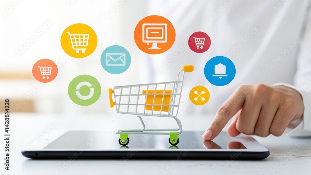 Poster a hand is interacting with a tablet displaying an online shopping cart and various digital icons rep