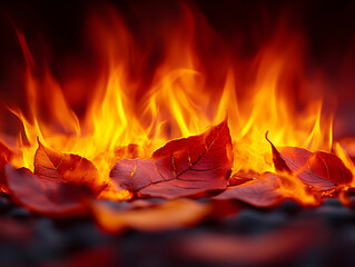 Autumn leaves burning Fiery blaze illuminates dark fallen leaves on the ground creating an intense scene
