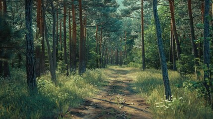 Obraz premium View Green pine forest with dirt road with lush grass. AI generated image