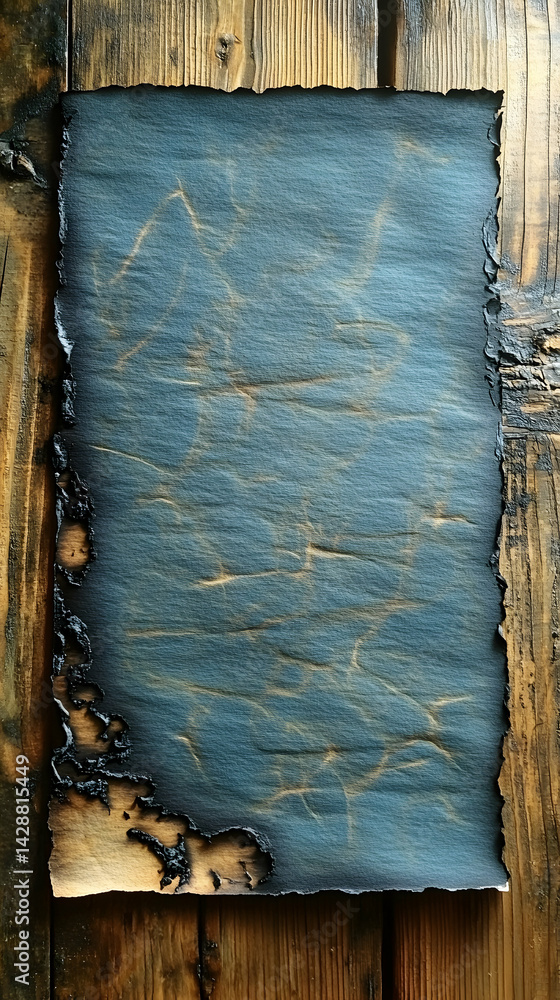 Aufkleber burned edge paper with faint pattern on a aged wooden background create a vintage and textured effec