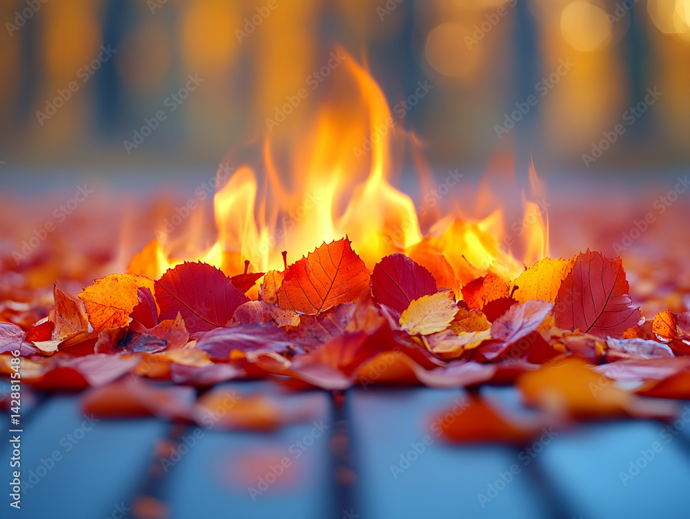 Poster burning autumn leaves create a fiery display of color and warmth on a wooden surface with blurred ba