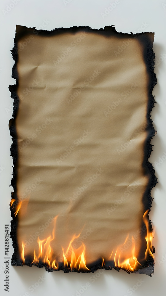 Aufkleber burned paper sheet with flames edges are charred creating a textured black border
