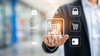 Naklejka premium A person interacting with digital shopping icons, highlighting e-commerce and online shopping features in a modern environment.
