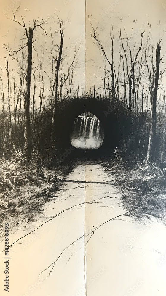Poster charcoal drawing of a path through the woods leading to a waterfall viewed through a tunnel of trees