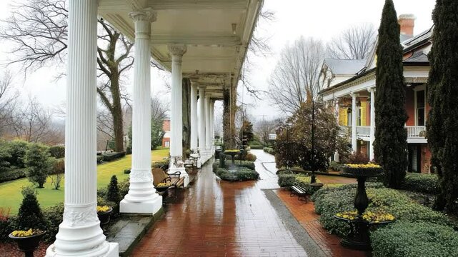 Historic mansion colonnade walkway on a rainy day
