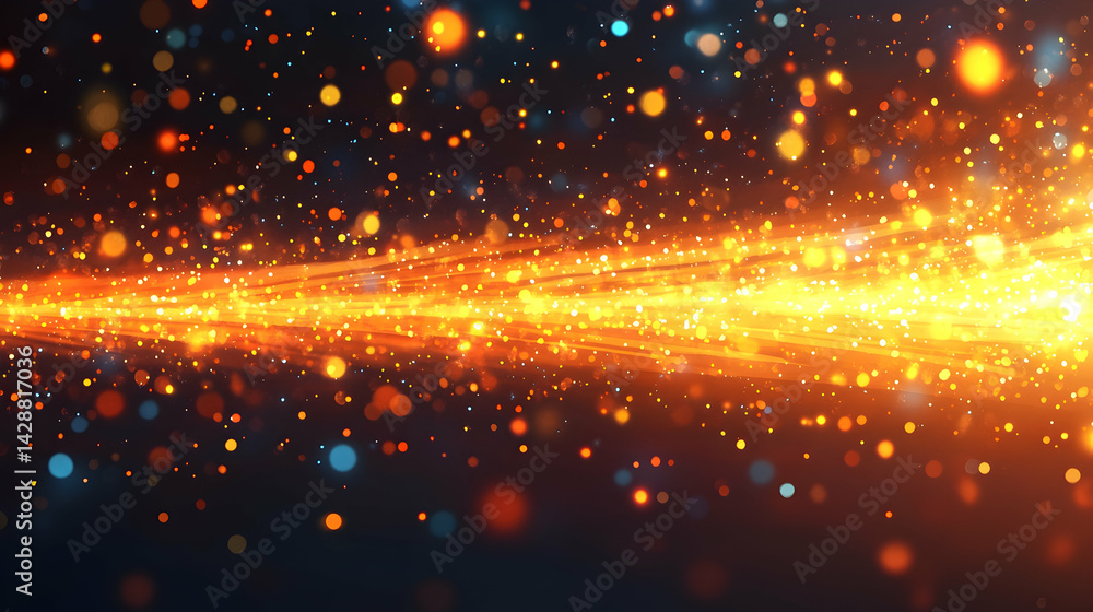 Aufkleber dynamic light streaks with bokeh in orange yellow and blue on a gradient dark background