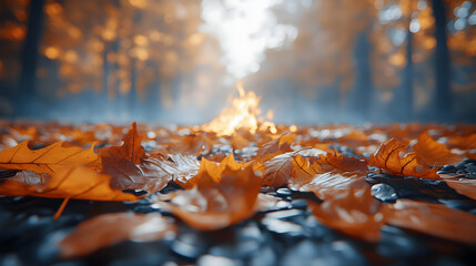 Fallen leaves on wet ground with a fire in distance under a blue sky in a forest during autumn season