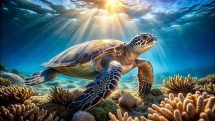 Obraz premium Majestic Sea Turtle Gracefully Navigating Vibrant Coral Reef in Sunlit Ocean Depths