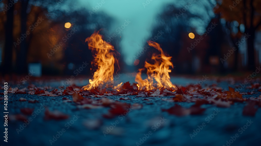 Poster flames blaze among fallen leaves on a misty path with blurred trees fading into a mysterious backgro