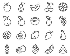 Simple Set of Fruits Related Vector Line Icons. Contains such Icons as Strawberry, Orange, Watermelon and more.