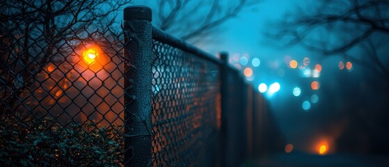 Fenced off by fog and colored city lights at night