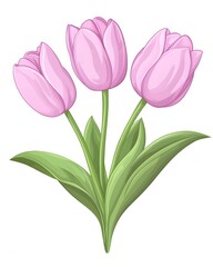 Fototapeta premium Three light pink tulips with green leaves, isolated on white background