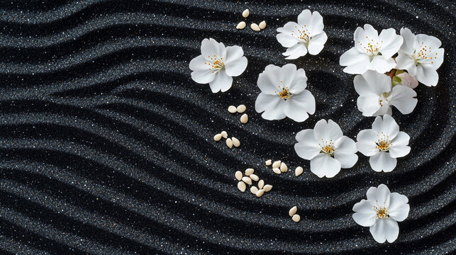 Photograph of white cherry blossoms on black sand with ripples and seeds . - Powered by Adobe