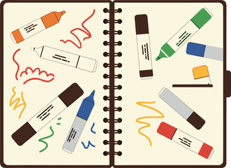 Open Sketchbook with Colorful Markers Illustration