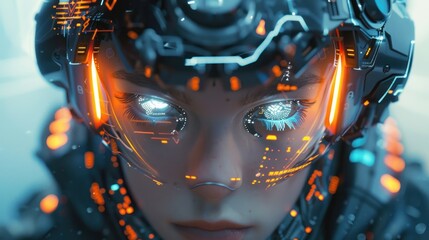 Fototapeta premium A woman wearing a virtual reality headset black helmet is looking at the camera