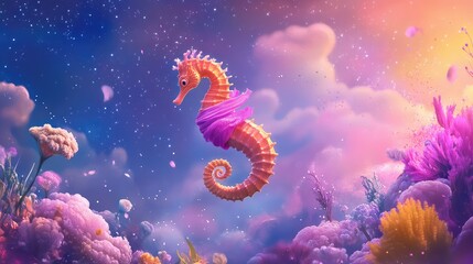 Fototapeta premium Dreamlike image of seahorse in pink scarf drifting through a mystical, star-filled background